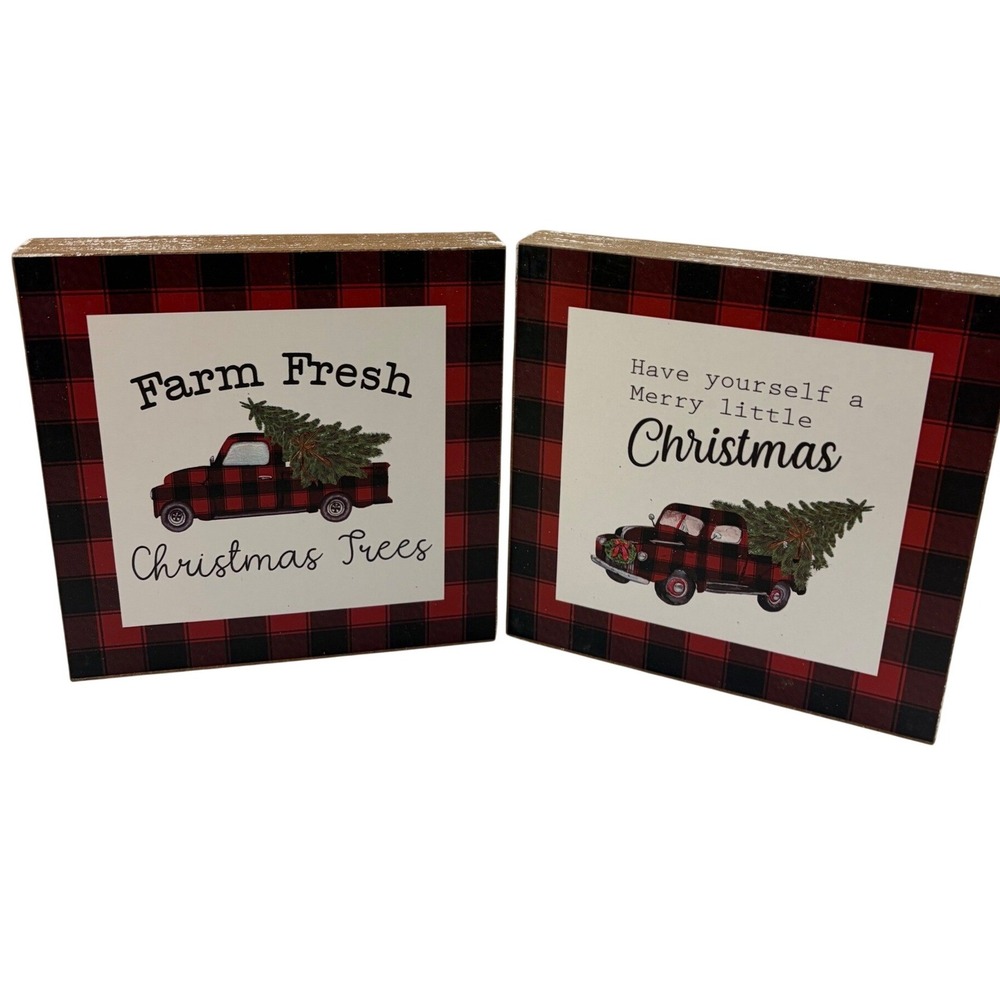 2pc Christmas Wood Block Signs Buffalo Plaid Farmhouse Truck Decor C22222